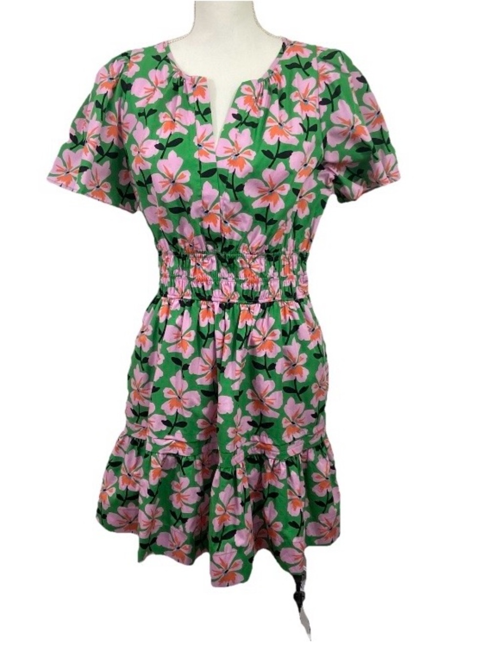 Anthropologie Somerset Mini Dress Green Pink Floral Size M Mini Puffed Sleeve